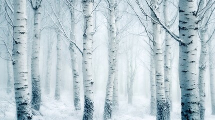 Obraz premium Birch forest presenting a tranquil cold winter scene with frosted branches and ground covered in fresh white snow