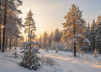 Enchanting morning glow in a snowy pine forest captivating winter landscape photography captured in soft golden light