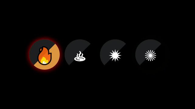 Abstract animation of four circular icons representing different elements and states on a black background.