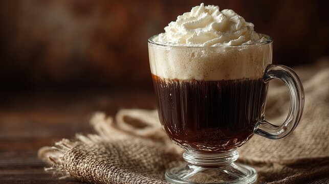 Rich dark Irish coffee in a clear glass mug topped with whipped cream, served on a rustic wooden table - Powered by Adobe