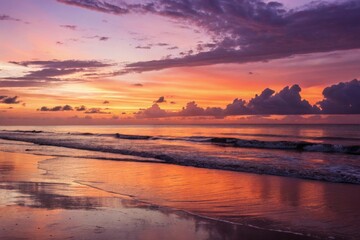 Fototapeta premium Majestic sunset over calm ocean horizon at twilight a serene reflection of orange and purple sky on tranquil waters
