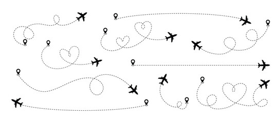 Airplane dotted line paths with location pins illustrating various travel routes and journey concepts