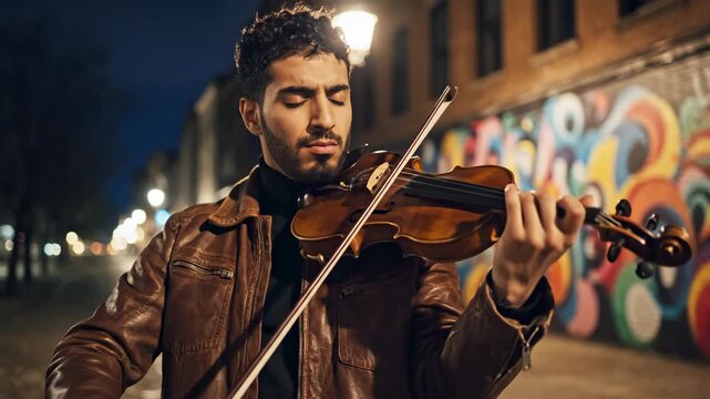 A talented musician plays the violin in a vibrant urban setting at night.