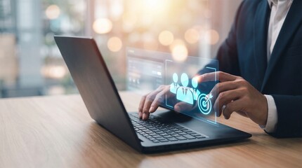 Businessman Interacting with Virtual Interface for Team Management and Business Strategy
