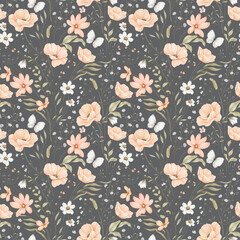 Seamless watercolor pattern with poppies coral color, cosmos flowers, small wildflowers and white flying butterflies. Hand drawn floral illustration for textile or wallpapers on dark background. 