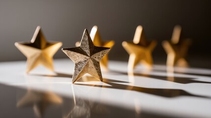Golden stars arranged on reflective surface with dramatic lighting