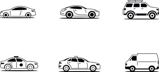 Vehicle silhouettes set, car suv taxi police van transport icons isolated on white background vector illustration collection design modern automotive © MstRokshana