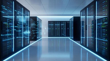 Modern Data Center with Blue Lights and Digital Information Flow