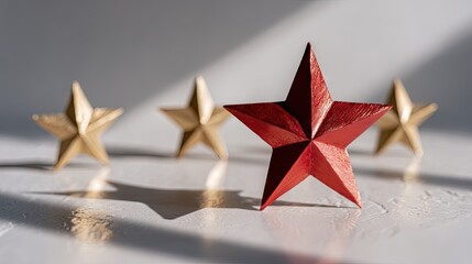 Metallic stars against a white surface contrasting red and gold shapes