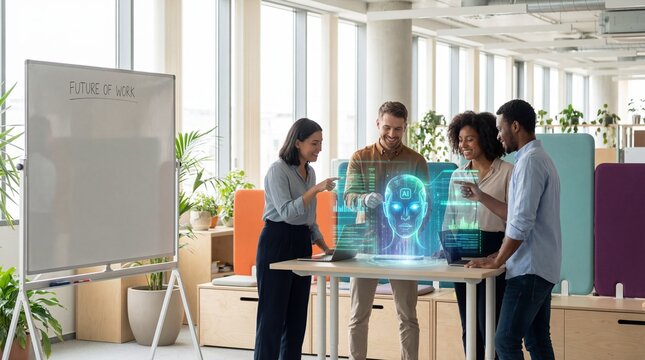 Modern Business Team Engaging with AI Holographic Technology