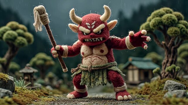 Red Oni Demon with Horns and Club in a Miniature Japanese Village Setting.