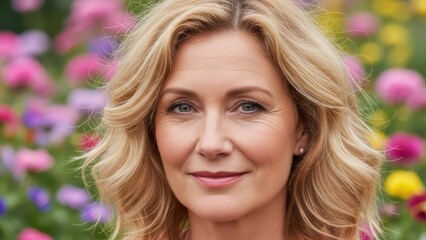 Naklejka premium Blonde mature caucasian female smiling in colorful flower garden close-up portrait