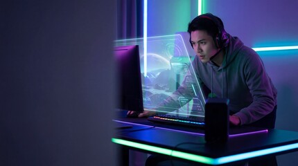 Young Gamer Engaged with Futuristic Holographic Interface in Neon Lit Room
