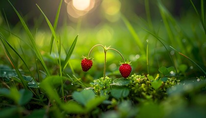 Obraz premium Two wild strawberries hang from curved stems in bright morning light