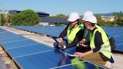 Three renewable energy engineers inspecting photovoltaic solar panels - Powered by Adobe