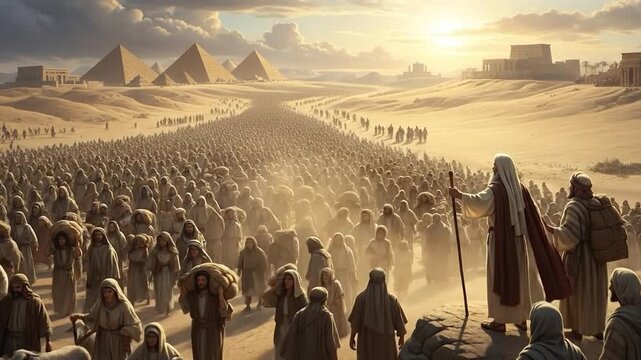 Biblical exodus crowd beginning epic desert journey to freedom.
