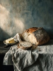 Rustic bread and butter on linen tablecloth Artisan sourdough loaf torn open, butter melting, crumbs on dark wood, soft directional light, painterly shadows, Dutch still life mood