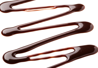Chocolate Sauce Strips in Dark Brown Glossy Texture on White Background for Food Blogging isolated on white background