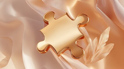 Golden puzzle piece on flowing fabric conceptual image of solutions