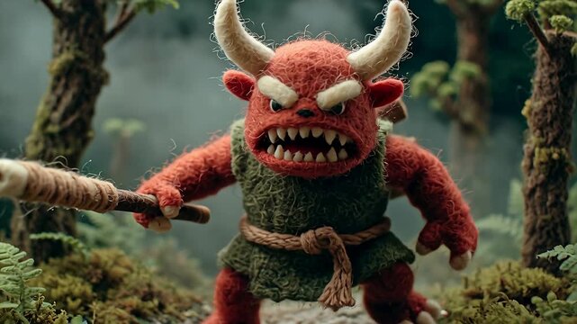 Fierce Red Horned Monster with Club in Enchanted Forest.