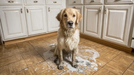 Golden retriever sits near spilled liquid in kitchen interior