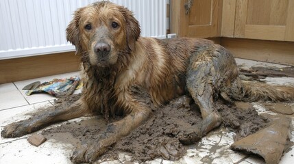Muddy golden retriever dog relaxing after playing indoors