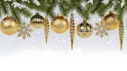 Elegant Christmas banner with red glass ornaments, pine greenery on white studio background