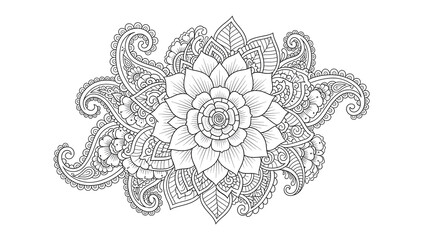 Highly detailed floral mandala illustration in black and white line art style. Decorative circular ornament with symmetrical botanical patterns, suitable for coloring books, tattoo design, wall art, m