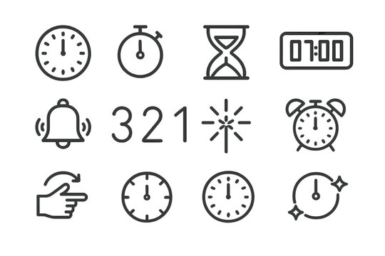 Midnight Countdown Icons. New Year&rsquo;s party celebration &ndash; Midnight Countdown. Line outline icon set of Midnight