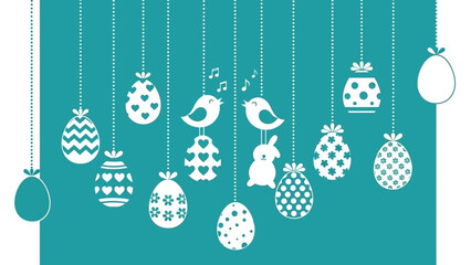 White Easter eggs, birds, and bunny silhouettes hanging on strings against a teal background, depicting a festive spring decoration.