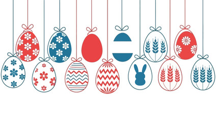 A row of red and blue hanging Easter eggs with various patterns like flowers, snowflakes, stripes, wheat, and a bunny silhouette.
