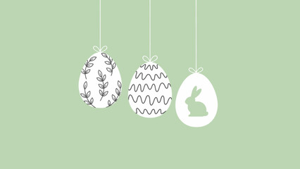 Three white decorative Easter eggs with patterns and a bunny silhouette hanging on a light green background, minimalist design.