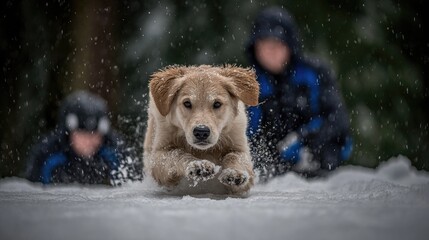 Golden retriever puppy running in the snow with blurred figures in the background