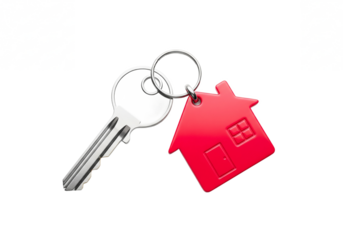 Red house keychain on silver key ring in soft natural lighting for real estate marketing isolated on white background