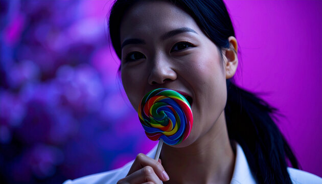 Portrait of young Asian fashion model with creative makeup posing playfully with sweet candy in neon purple studio lighting