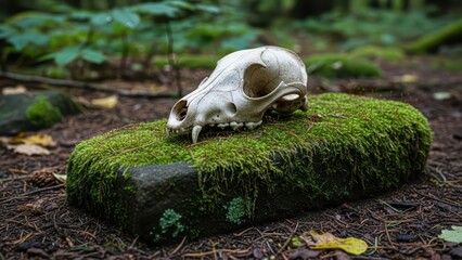 Obraz premium Animal skull on moss-covered stone in forest setting, symbolizing nature and decay