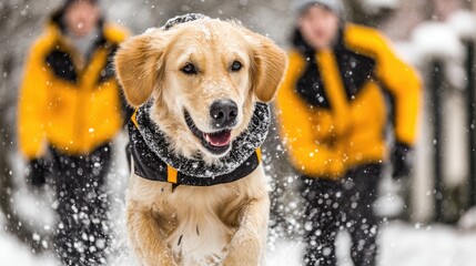 Golden retriever dog in winter coat with people walking in snowy background