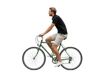 Man Riding Bicycle in Casual Attire with Green Bike in Dynamic Motion on White Background for Fitness Advertising isolated on white background