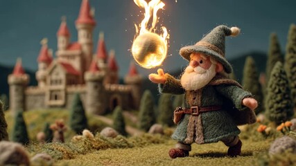 Whimsical Wizard Casting Spell with Fiery Orb in Enchanted Forest with Castle.