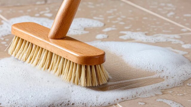 Close-up shot of a natural wooden scrubbing brush cleaning dirty beige floor tiles covered in soap foam.