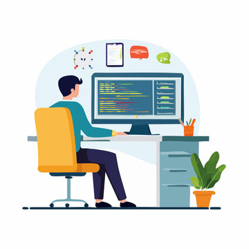 Programmer Working on Computer with Code and Desk.