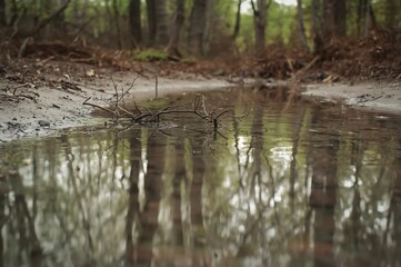 Reflection of trees in calm water in a serene forest landscape