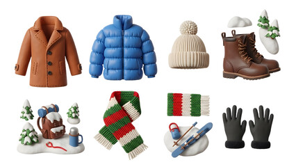 Flat lay of winter clothing items and winter vacation accessories including coats, boots, gloves, scarf, hat, skis, and snow-covered trees, perfect for winter fashion and travel themes