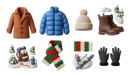 Flat lay of winter clothing items and winter vacation accessories including coats, boots, gloves, scarf, hat, skis, and snow-covered trees, perfect for winter fashion and travel themes