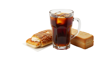 Glass of cola with ice cubes served with a sandwich and a slice of cake, perfect for casual lunch or snack time