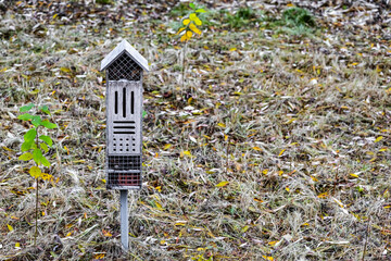 a wooden insect house in a park. house to attract insects. insect drawbar. insect drawwires. place for inscription