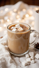 Warm coffee with marshmallows in a glass mug on a cozy background  