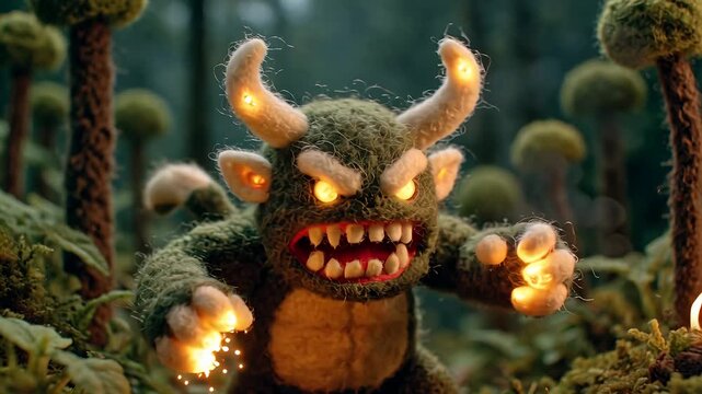 Fierce Knitted Monster with Glowing Horns and Eyes in a Mystical Forest.