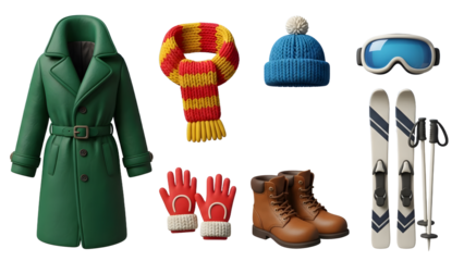 Winter clothing and skiing gear including green coat, knitted scarf, blue beanie, red gloves, brown boots, skis, and ski poles for cold weather sports and outdoor activities