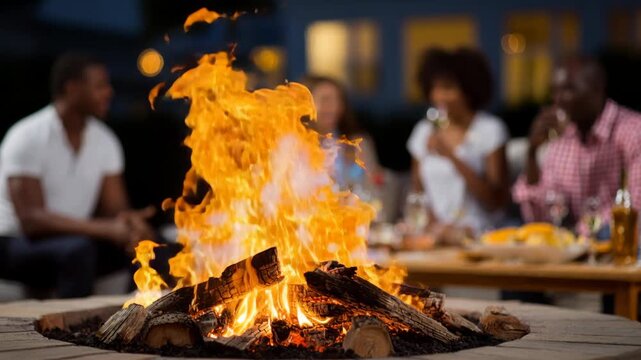 Close up of fire pit burning brightly while friends socialize and talk outdoors at night on a patio.